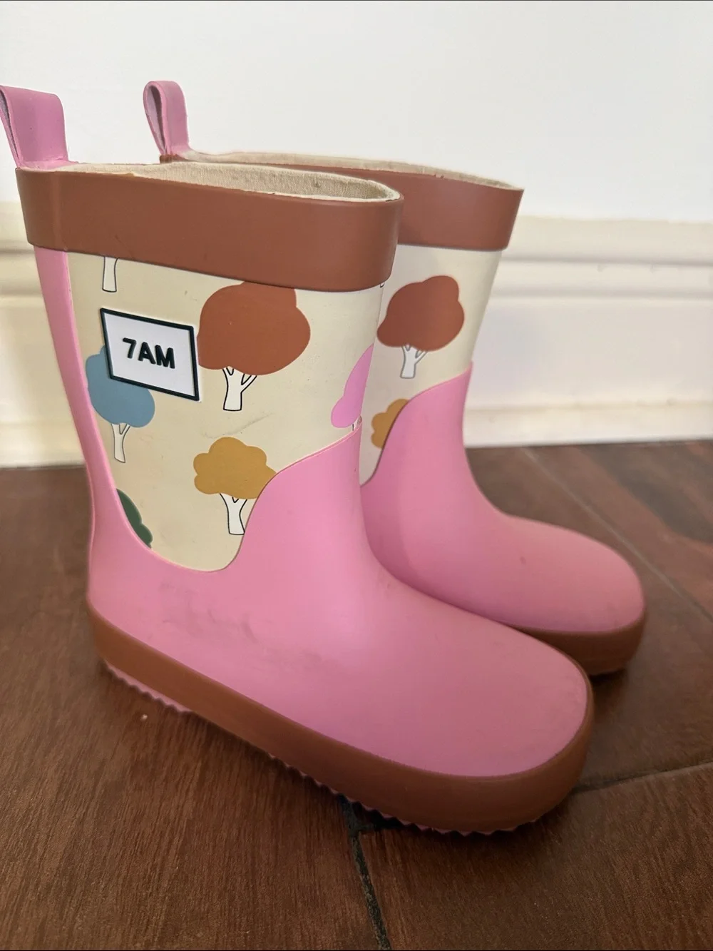 Kids' Pink Tree-Print Waterproof Rain Boots with Easy Pull Tabs